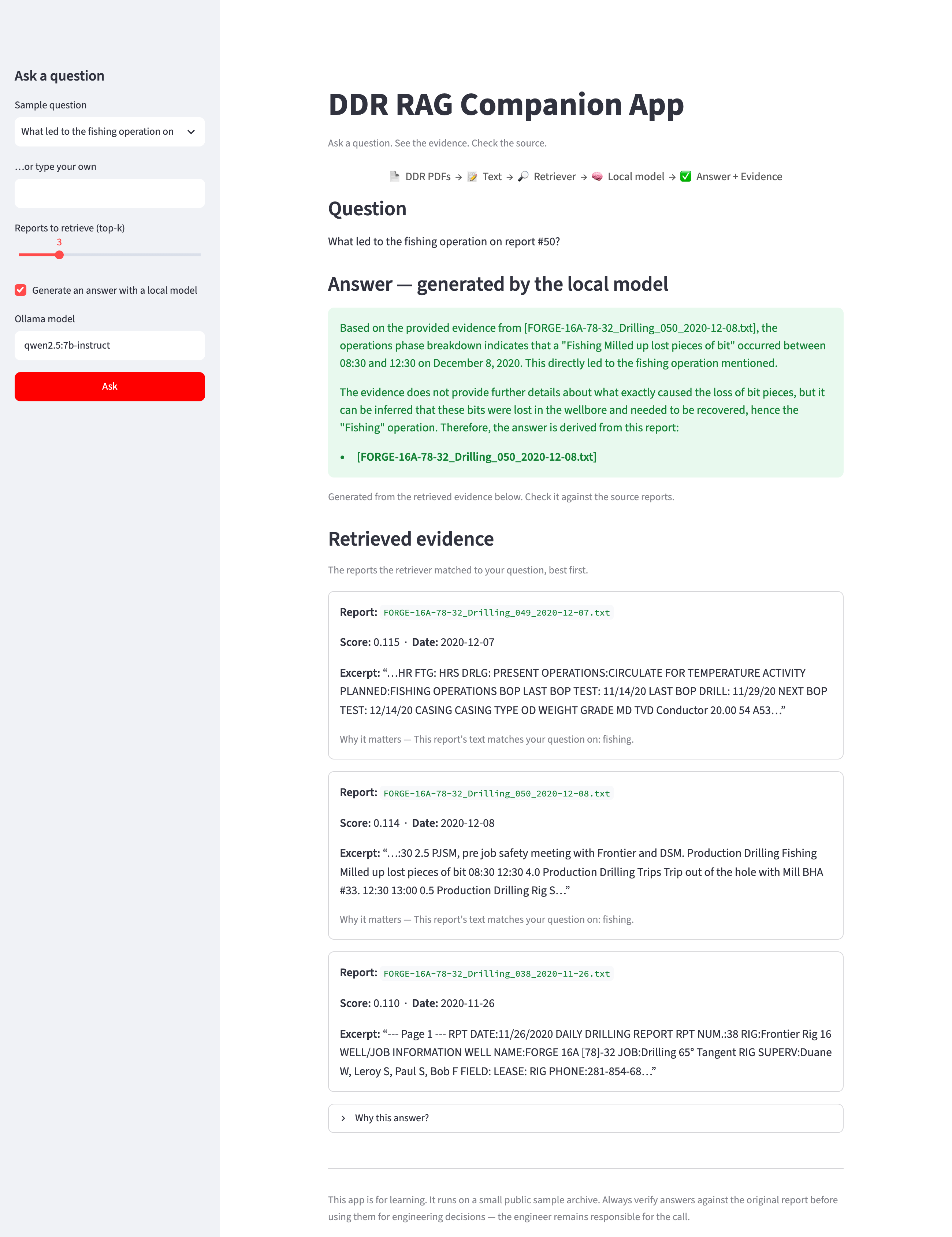 Screenshot of the DDR RAG Companion App showing a question, a cited generated answer, and retrieved evidence cards